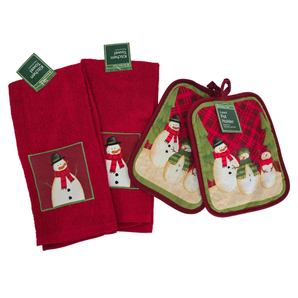 Holiday Time Set of 4 - 2 Pot Holders and 2 Hand Towel Christmas Snowman NWT